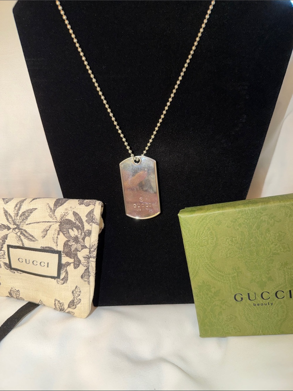 Gucci Silver-Tone Dog Tag Pendant Necklace
